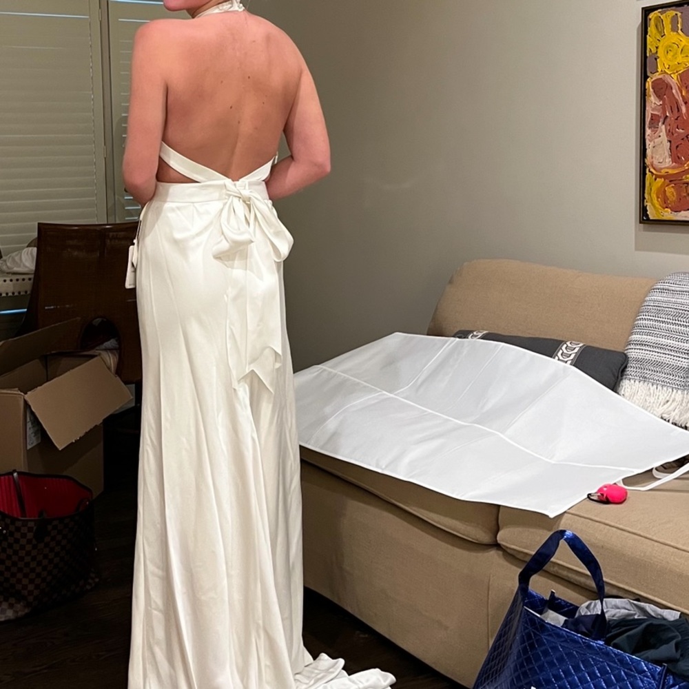 high neck wedding gown, worn once for rehersal dinner for 2 hours